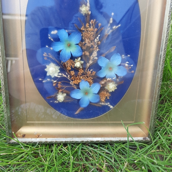 Vintage Handmade Dried Floral and Faux Floral Gold Metal Framed Art - Picture 3 of 9